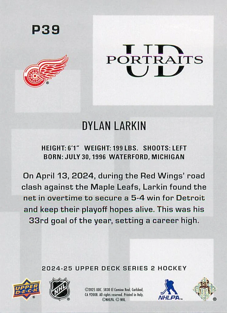 2024-25 UD Series 2 - Dylan Larkin - UD Portraits #P39
