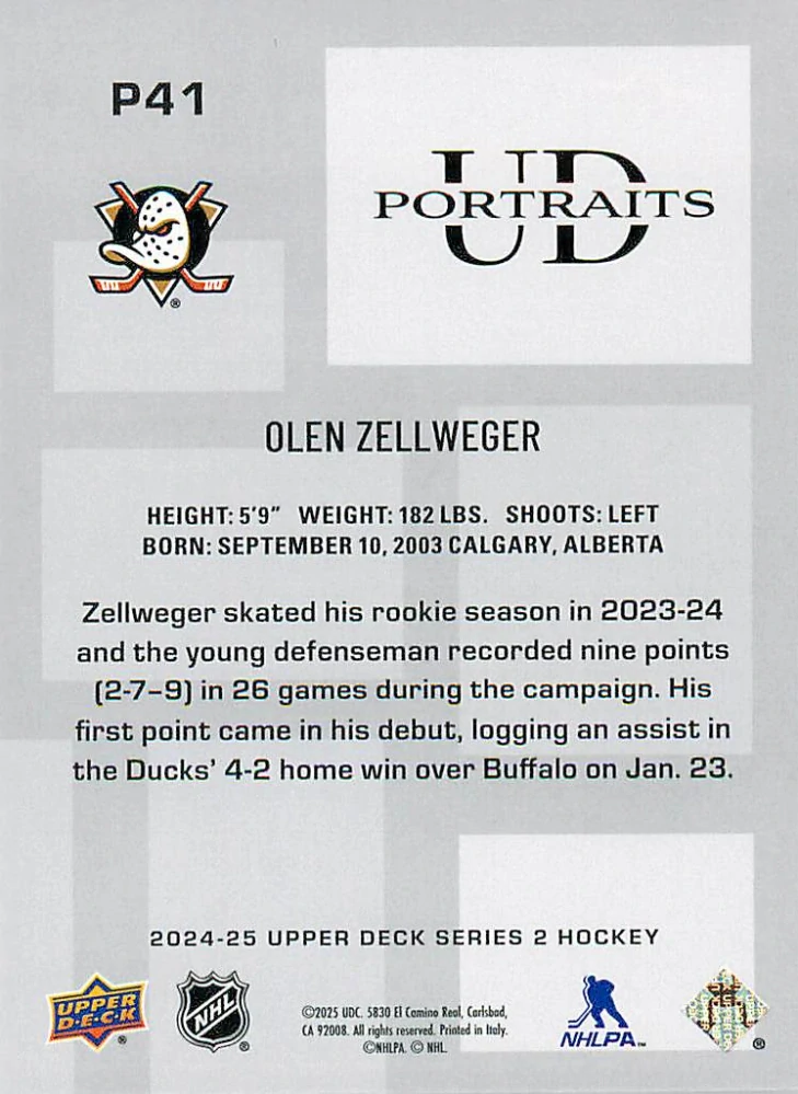 2024-25 UD Series 2 - Olen Zellweger - UD Portraits #P41