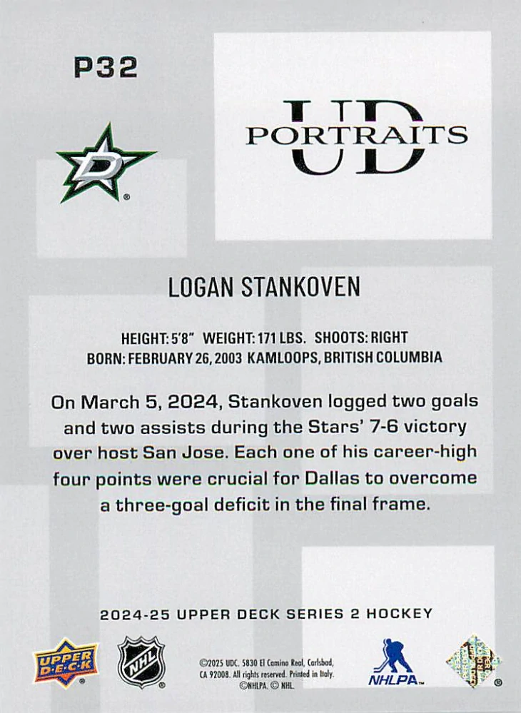 2024-25 UD Series 2 - Logan Stankoven - UD Portraits #P32