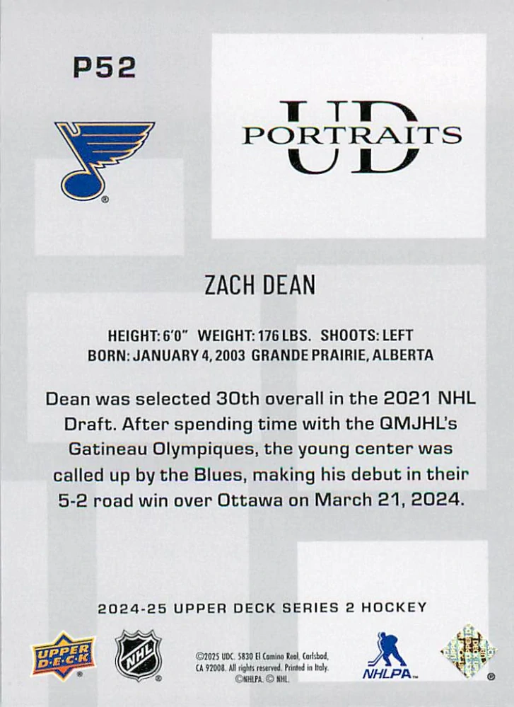 2024-25 UD Series 2 - Zach Dean - UD Portraits #P52