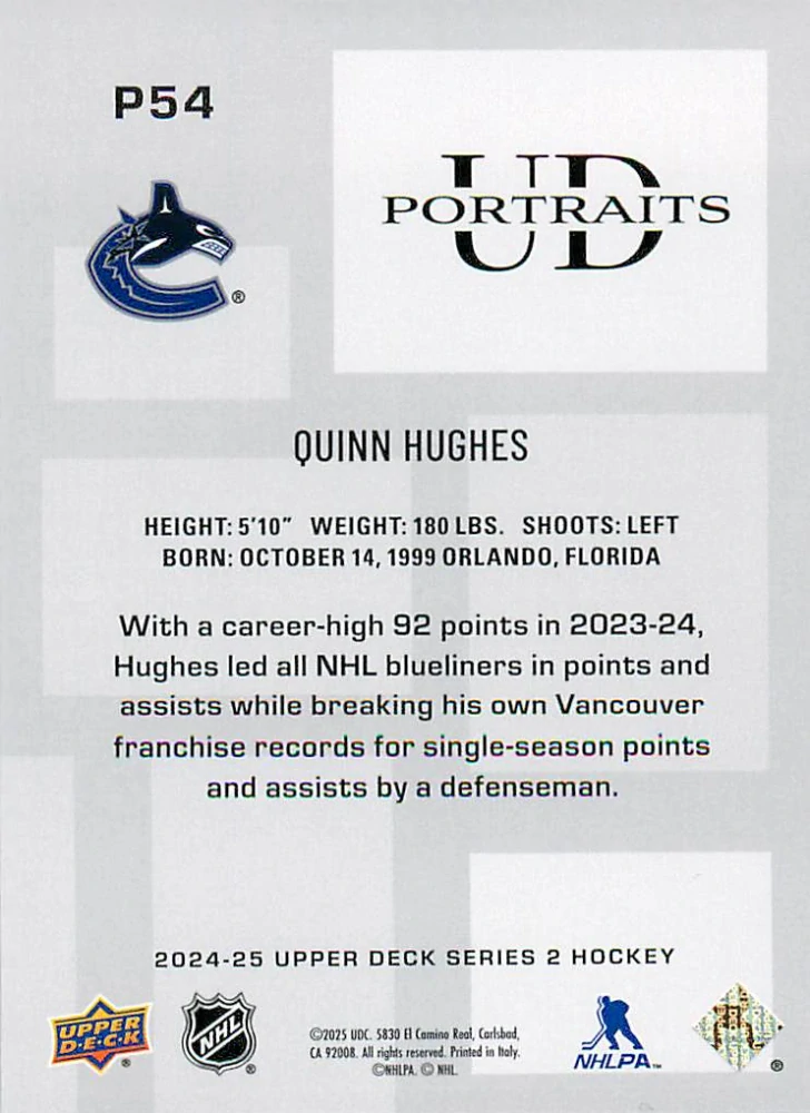 2024-25 UD Series 2 - Quinn Hughes - UD Portraits #P54