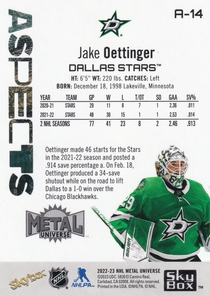 2022-23 UD Skybox Metal Universe - Jake Oettinger - Aspects #A-14