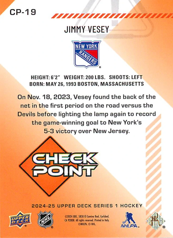 2024-25 UD Series 1 - Jimmy Vesey - Check Point #CP-19