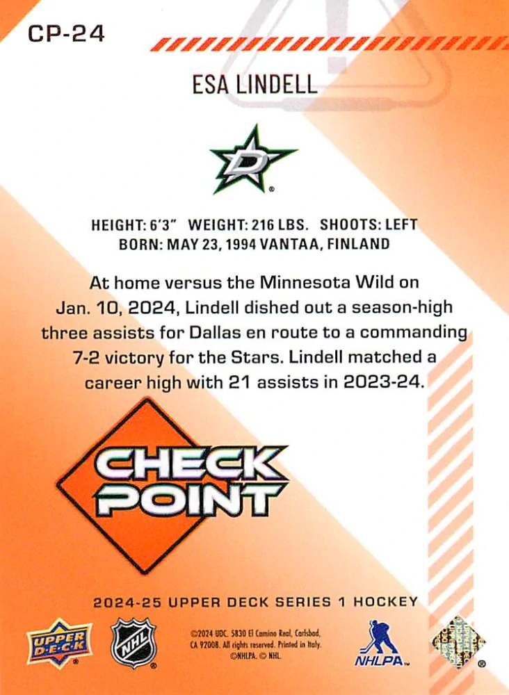 2024-25 UD Series 1 - Esa Lindell - Check Point #CP-24