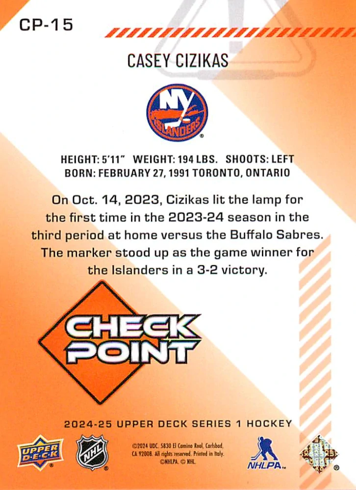 2024-25 UD Series 1 - Casey Cizikas - Check Point #CP-15