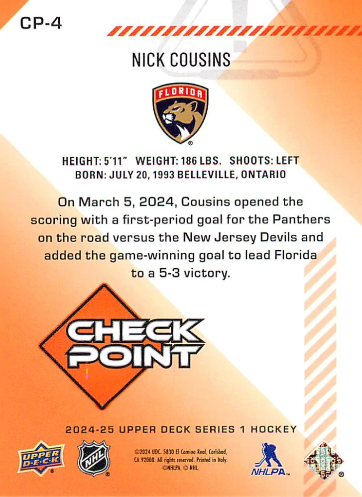 2024-25 UD Series 1 - Nick Cousins - Check Point #CP-4