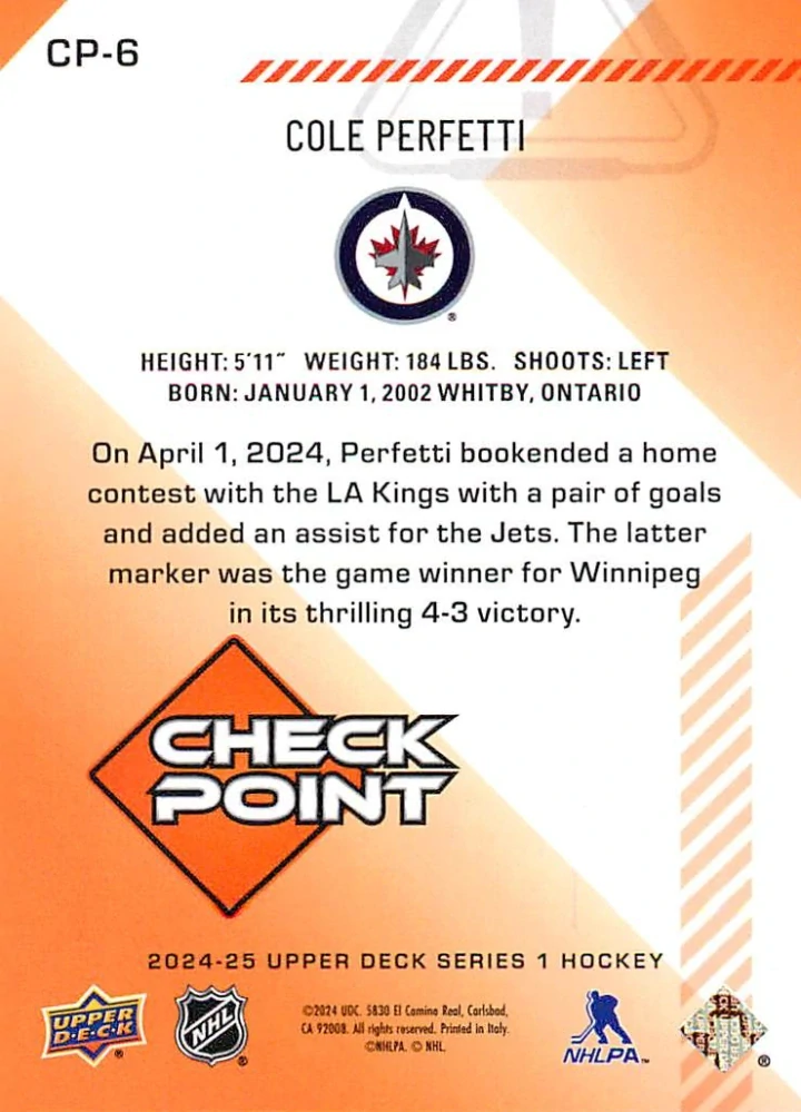 2024-25 UD Series 1 - Cole Perfetti - Check Point #CP-6