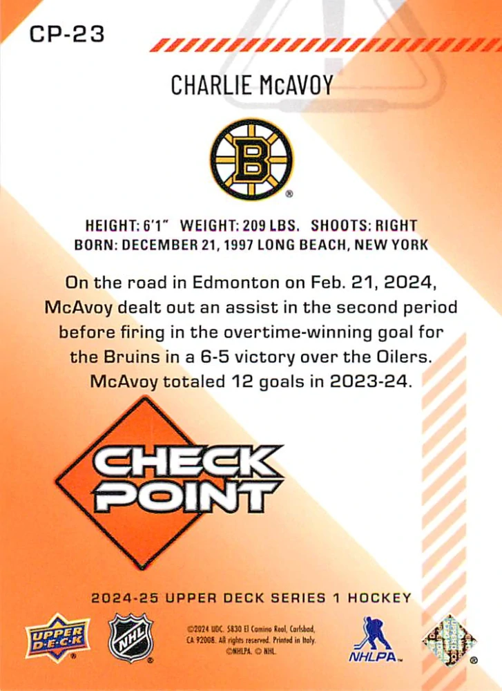 2024-25 UD Series 1 - Charlie McAvoy - Check Point #CP-23