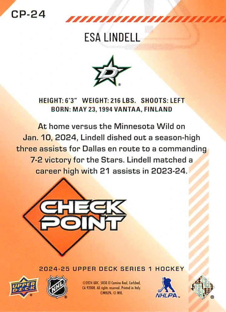 2024-25 UD Series 1 - Esa Lindell - Check Point - Black #CP-24