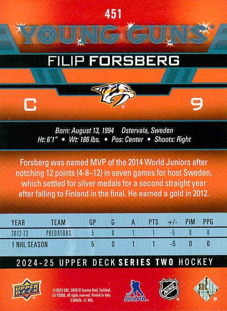 2024-25 UD Series 2 - Filip Forsberg - Young Guns Renewed #451