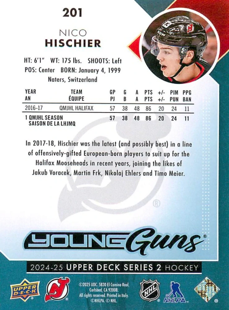 2024-25 UD Series 2 - Nico Hischier - Young Guns Renewed #201