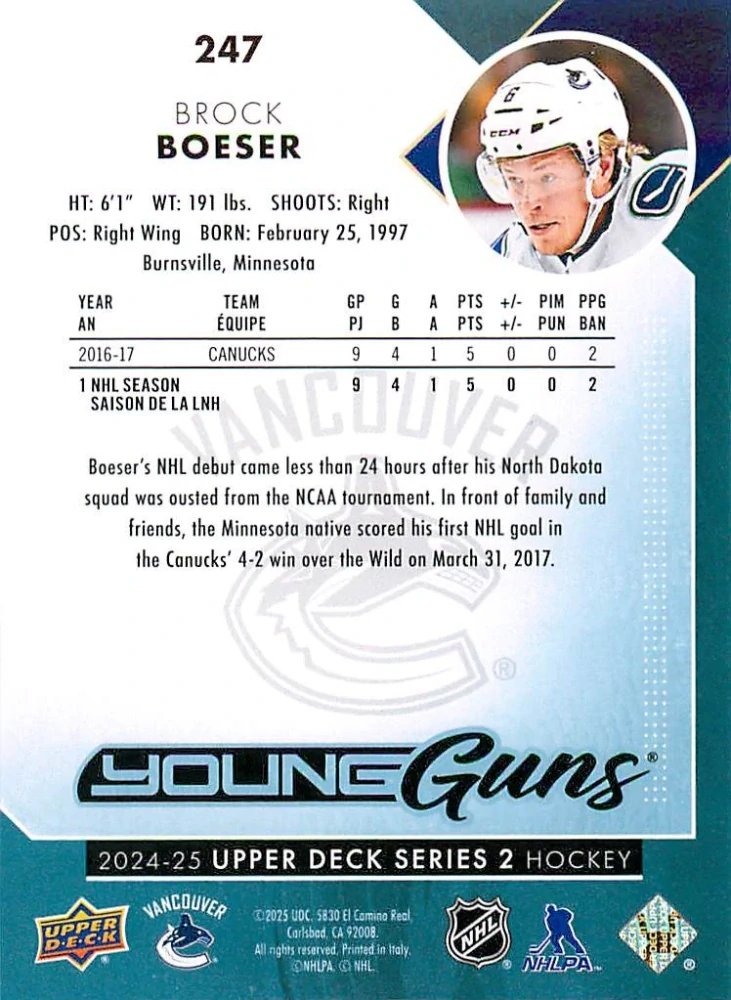 2024-25 UD Series 2 - Brock Boeser - Young Guns Renewed #247