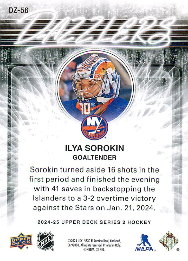 2024-25 UD Series 2 - Ilya Sorokin - Dazzlers Orange #DZ-56