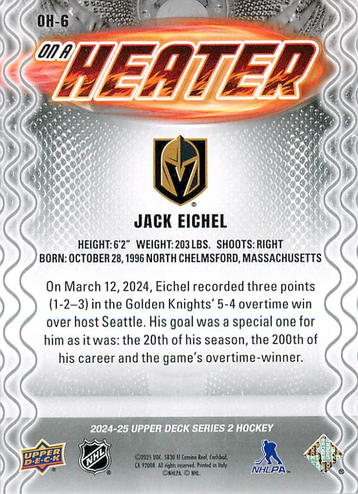 2024-25 UD Series 2 - Jack Eichel - On A Heater #OH-6