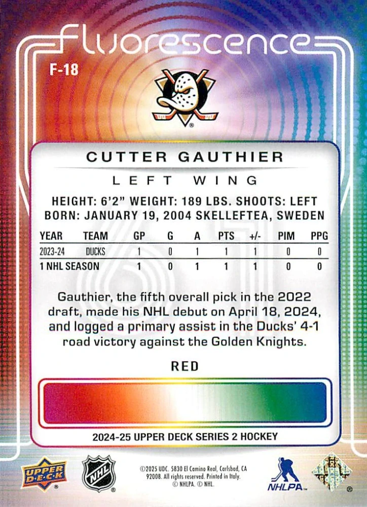 2024-25 UD Series 2 - Cutter Gauthier - Fluorescence Red #F-18