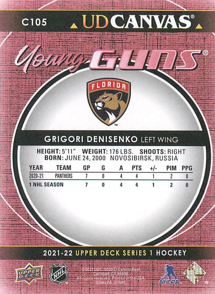 2021-22 UD Series 1 - Grigori Denisenko - Young Guns Canvas #C105