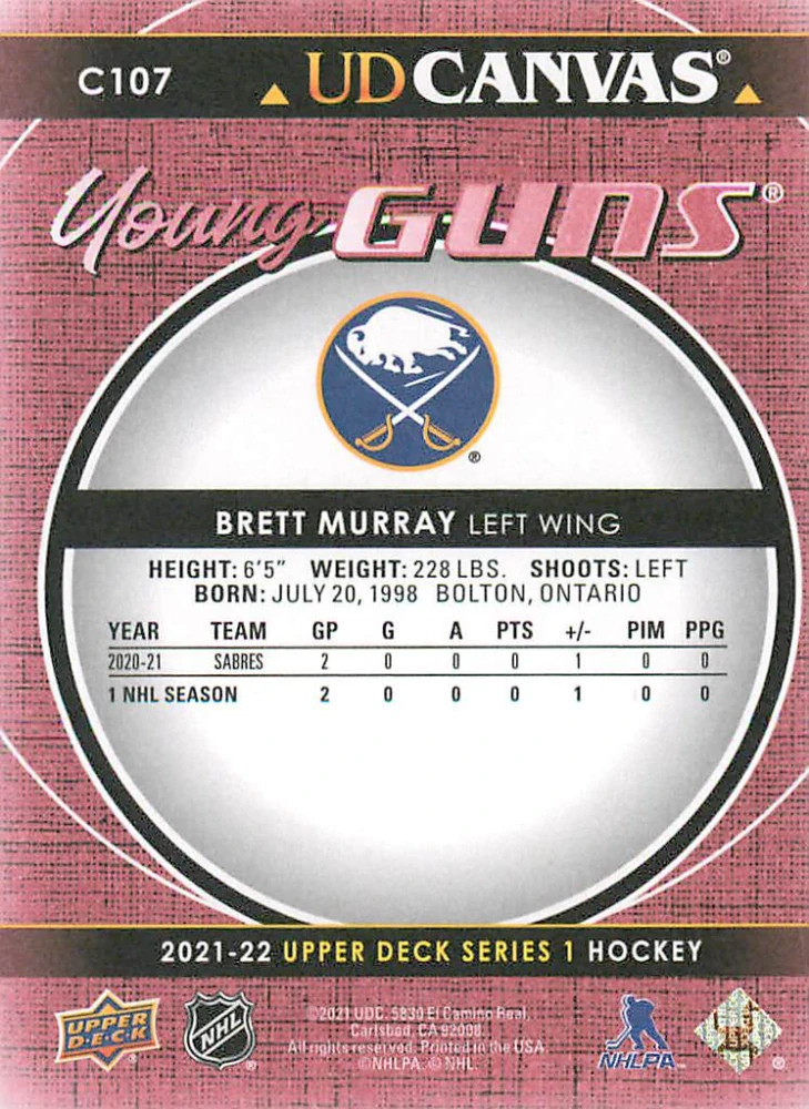2021-22 UD Series 1 - Brett Murray - Young Guns Canvas #C107