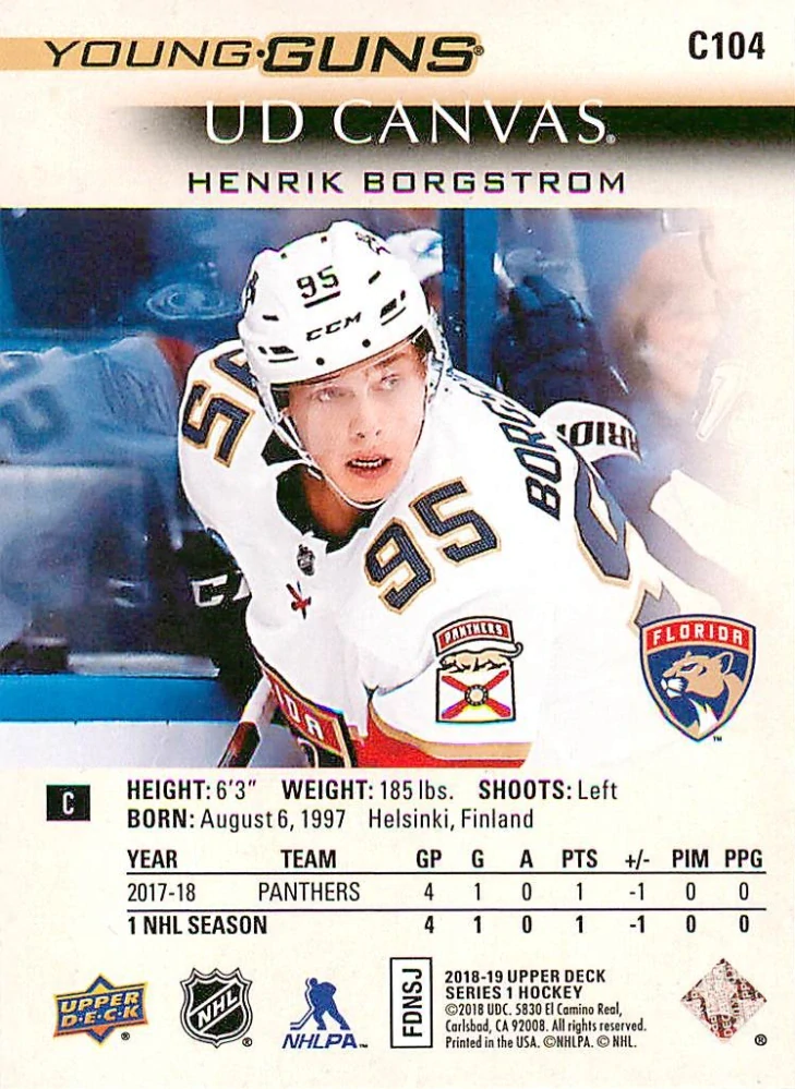 2018-19 UD Series 1 - Henrik Borgstrom - Young Guns Canvas #C104