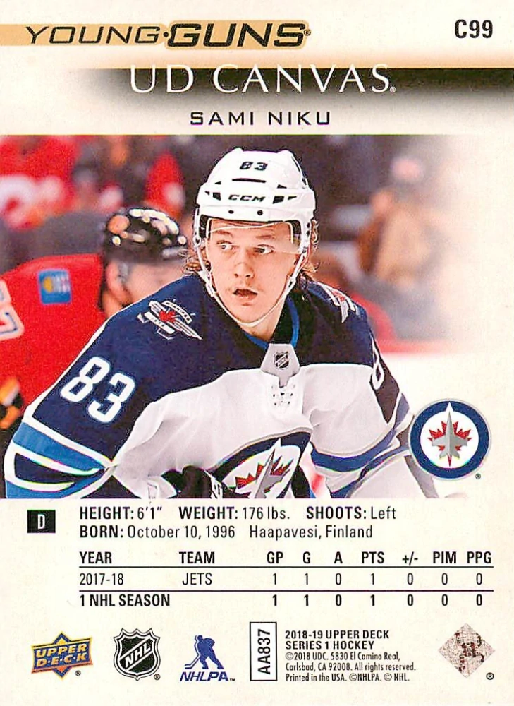 2018-19 UD Series 1 - Sami Niku - Young Guns Canvas #C99