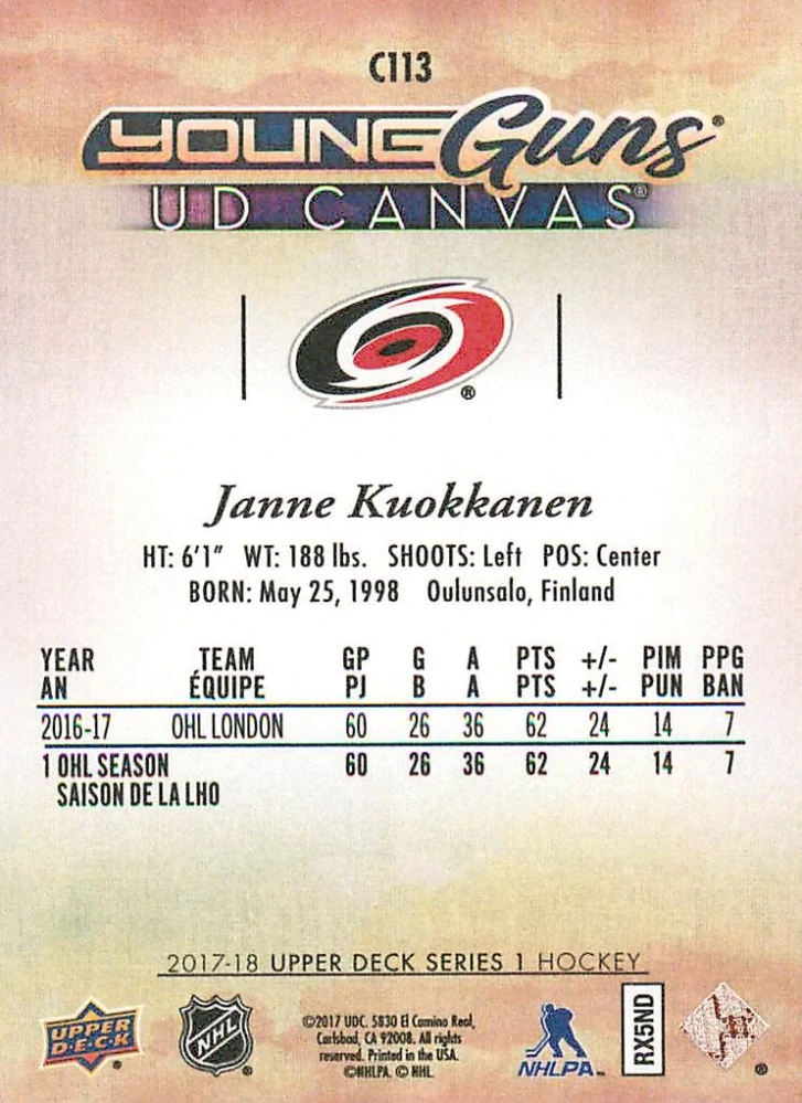 2017-18 UD Series 1 - Janne Kuokkanen - Young Guns Canvas #C113