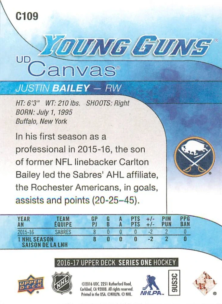 2016-17 UD Series 1 - Justin Bailey - Young Guns Canvas #C109