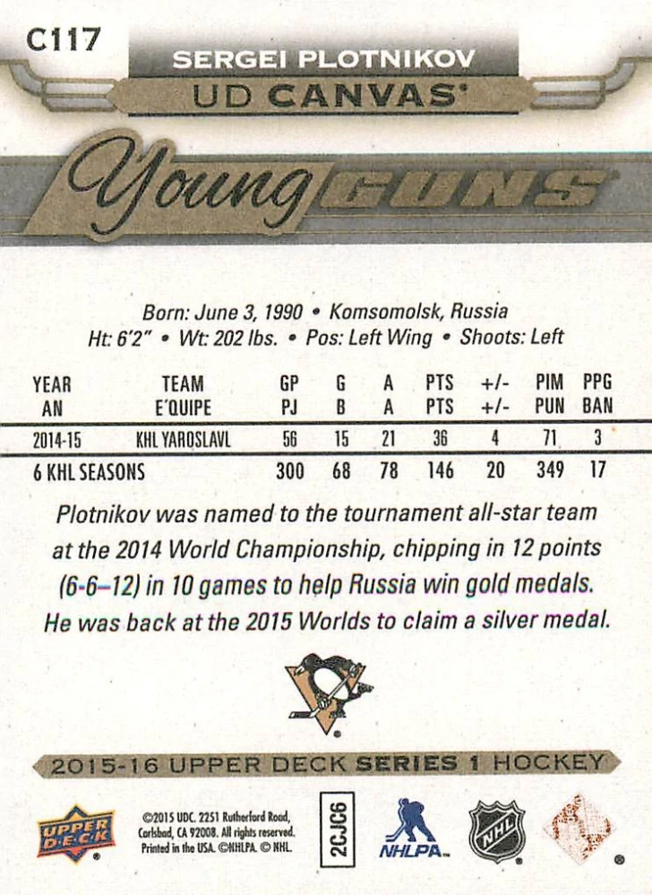 2015-16 UD Series 1 - Sergei Plotnikov - Young Guns Canvas #C117
