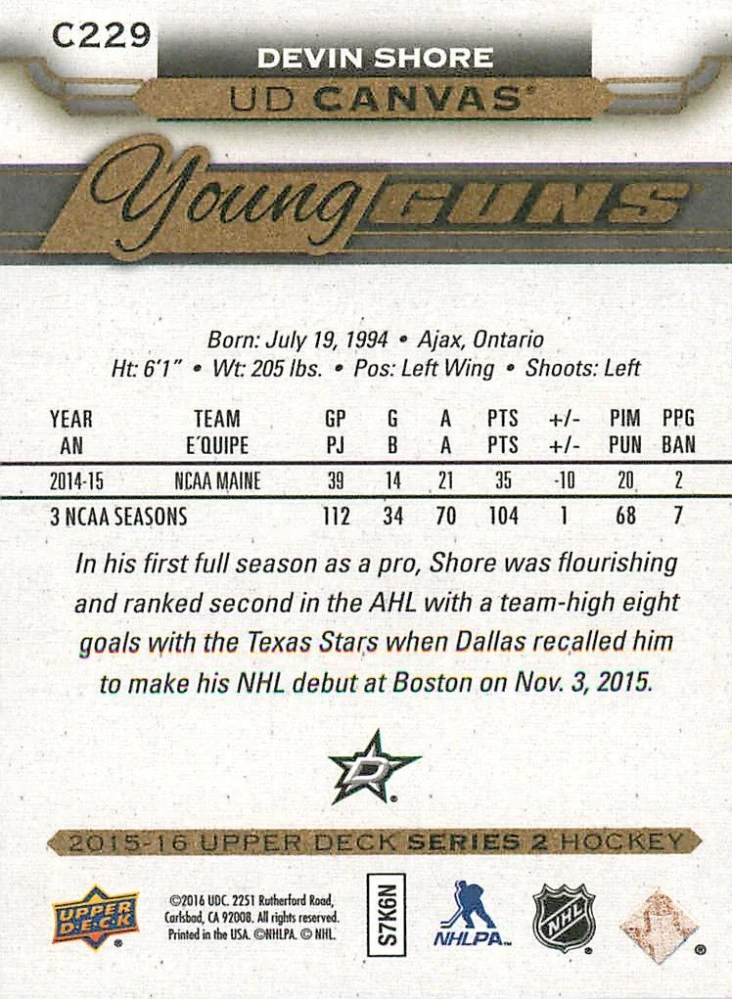 2015-16 UD Series 2 - Devin Shore - Young Guns Canvas #C229