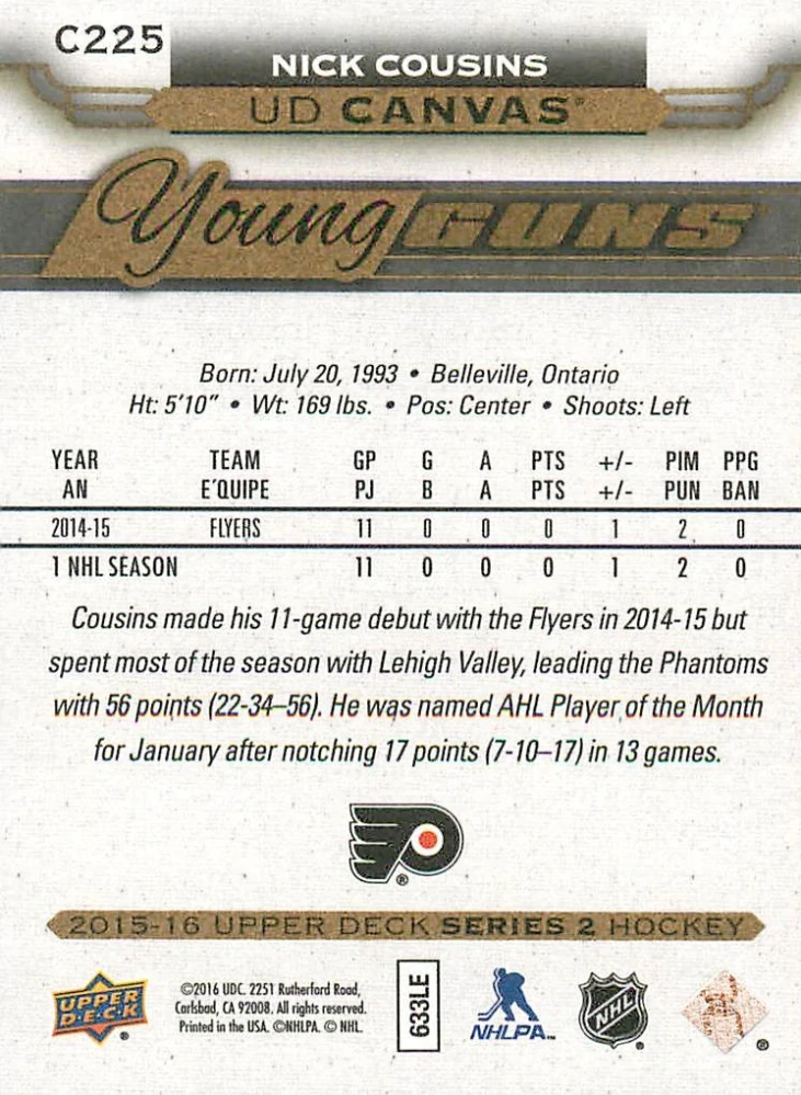 2015-16 UD Series 2 - Nick Cousins - Young Guns Canvas #C225