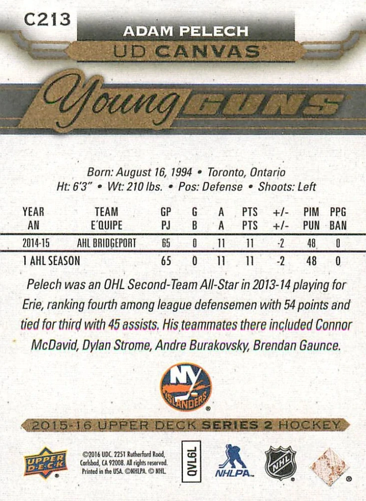 2015-16 UD Series 2 - Adam Pelech - Young Guns Canvas #C213