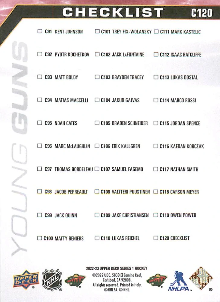 2022-23 UD Series 1 - Matt Boldy, Marco Rossi - Young Guns Canvas Checklist #C120