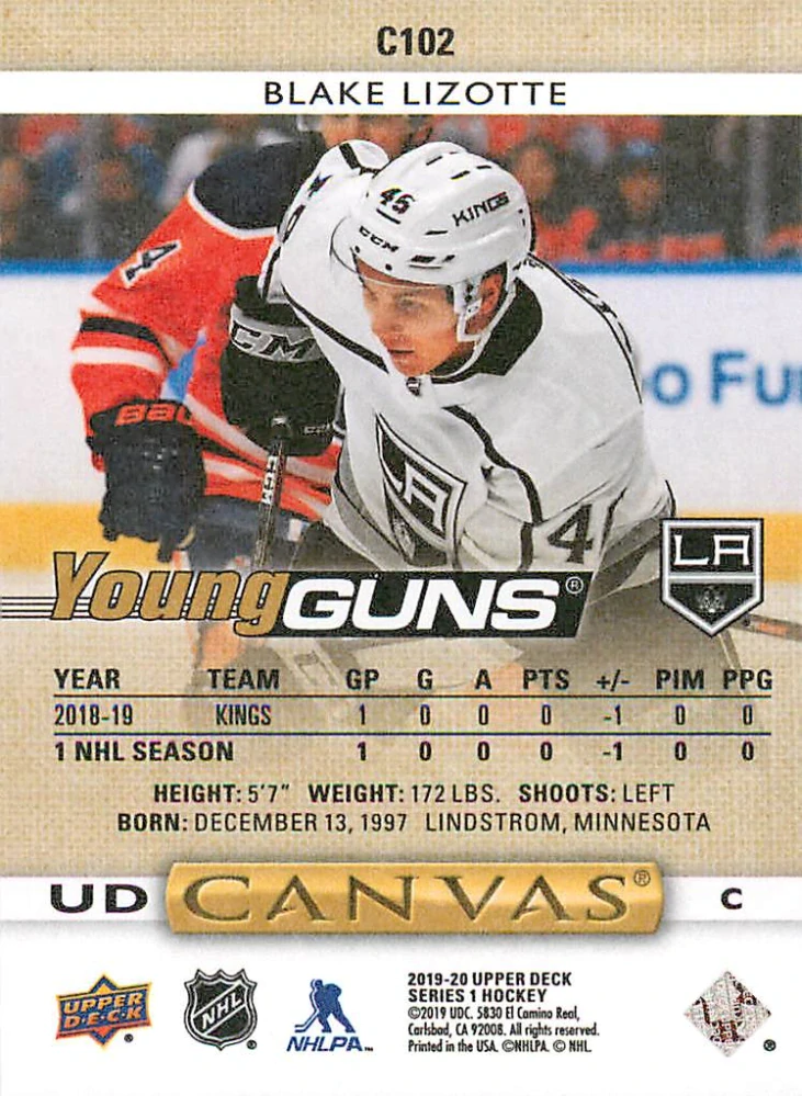 2019-20 UD Series 1 - Blake Lizotte - Young Guns Canvas #C102