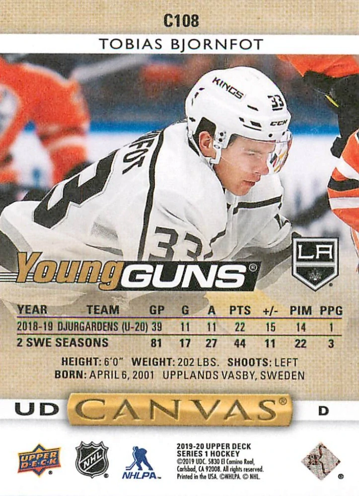 2019-20 UD Series 1 - Tobias Bjornfot - Young Guns Canvas #C108