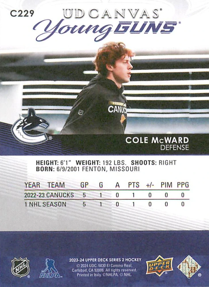 2023-24 UD Series 2 - Cole McWard - Young Guns Canvas #C229