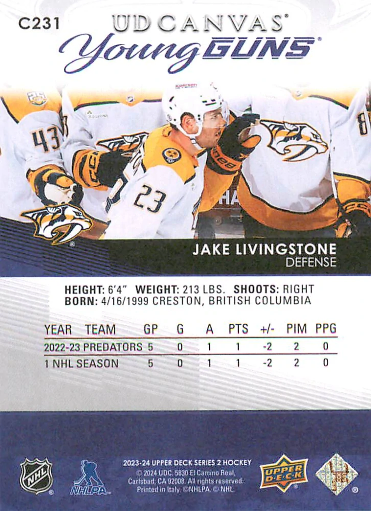 2023-24 UD Series 2 - Jake Livingstone - Young Guns Canvas #C231