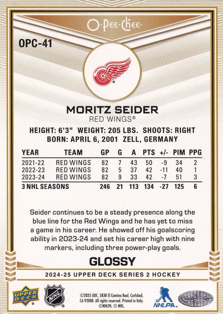 2024-25 UD Series 2 - Moritz Seider - O-Pee-Chee Glossy #OPC-41