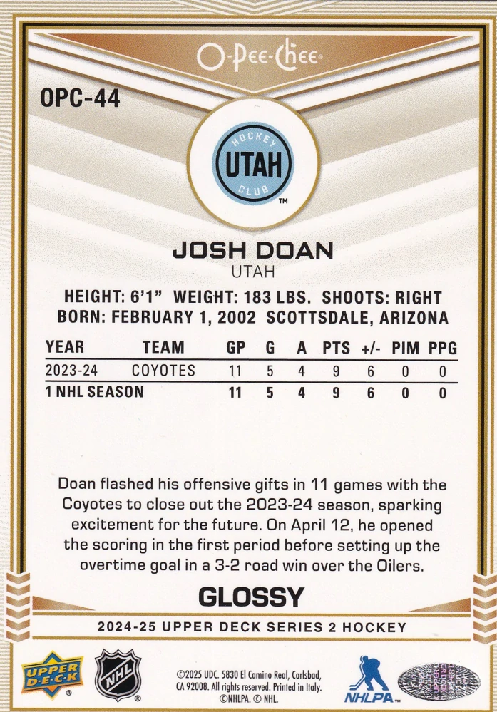 2024-25 UD Series 2 - Josh Doan - O-Pee-Chee Glossy #OPC-44
