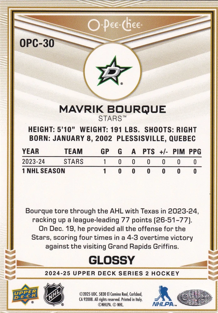 2024-25 UD Series 2 - Mavrik Bourque - O-Pee-Chee Glossy #OPC-30