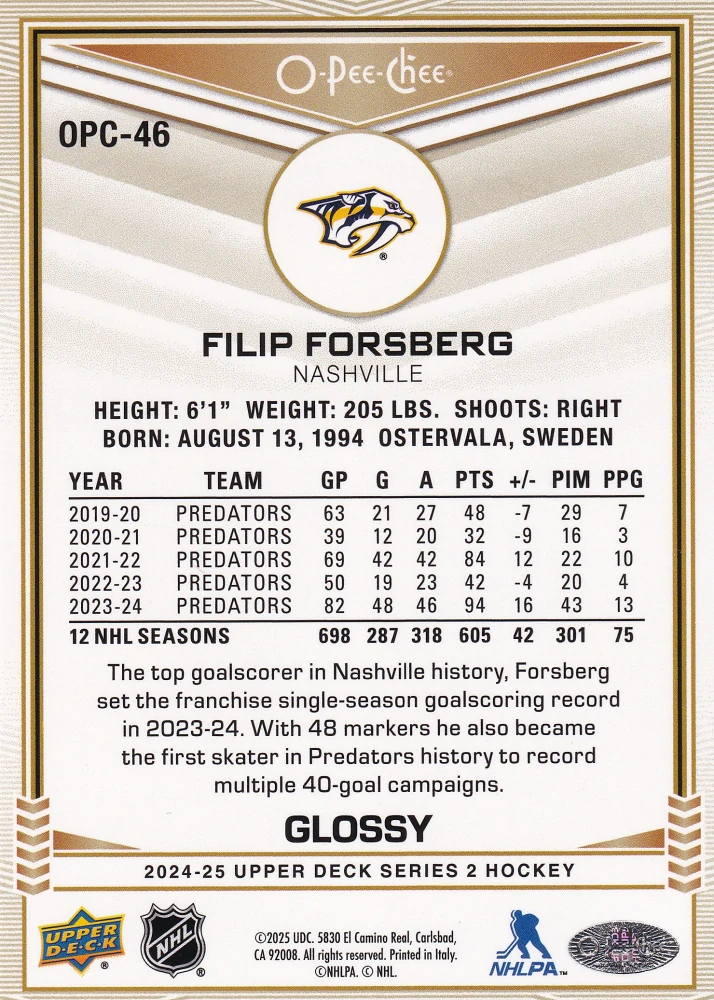 2024-25 UD Series 2 - Filip Forsberg - O-Pee-Chee Glossy Gold #OPC-46