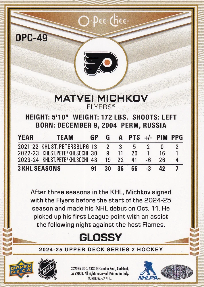 2024-25 UD Series 2 - Matvei Michkov - O-Pee-Chee Glossy Gold #OPC-49