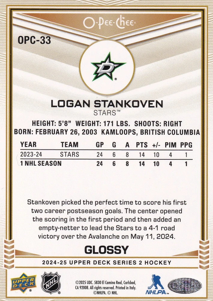2024-25 UD Series 2 - Logan Stankoven - O-Pee-Chee Glossy Gold #OPC-33