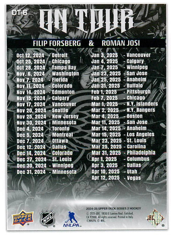 2024-25 UD Series 2 - Filip Forsberg, Roman Josi - On Tour #OT-6