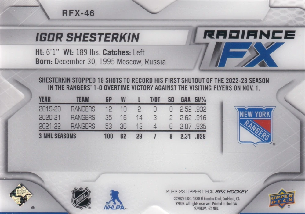 2022-23 UD SPx - Igor Shesterkin - Radiance FX /549 #RFX-46