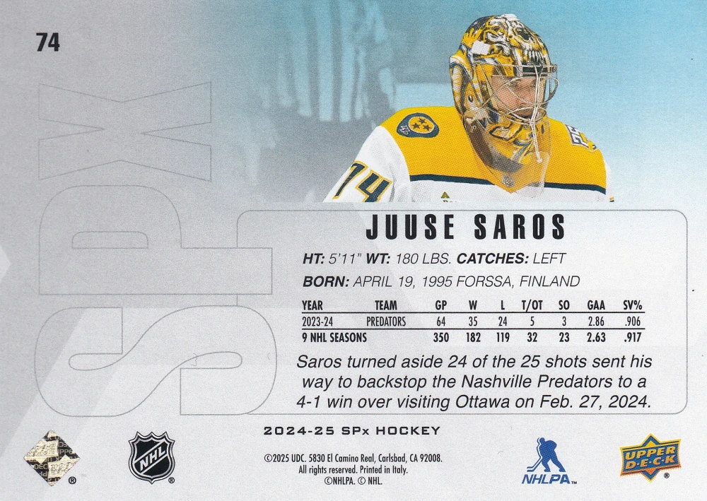 2024-25 UD SPx - Juuse Saros #74