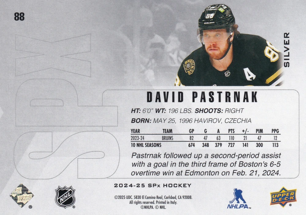 2024-25 UD SPx - David Pastrňák - Silver #88