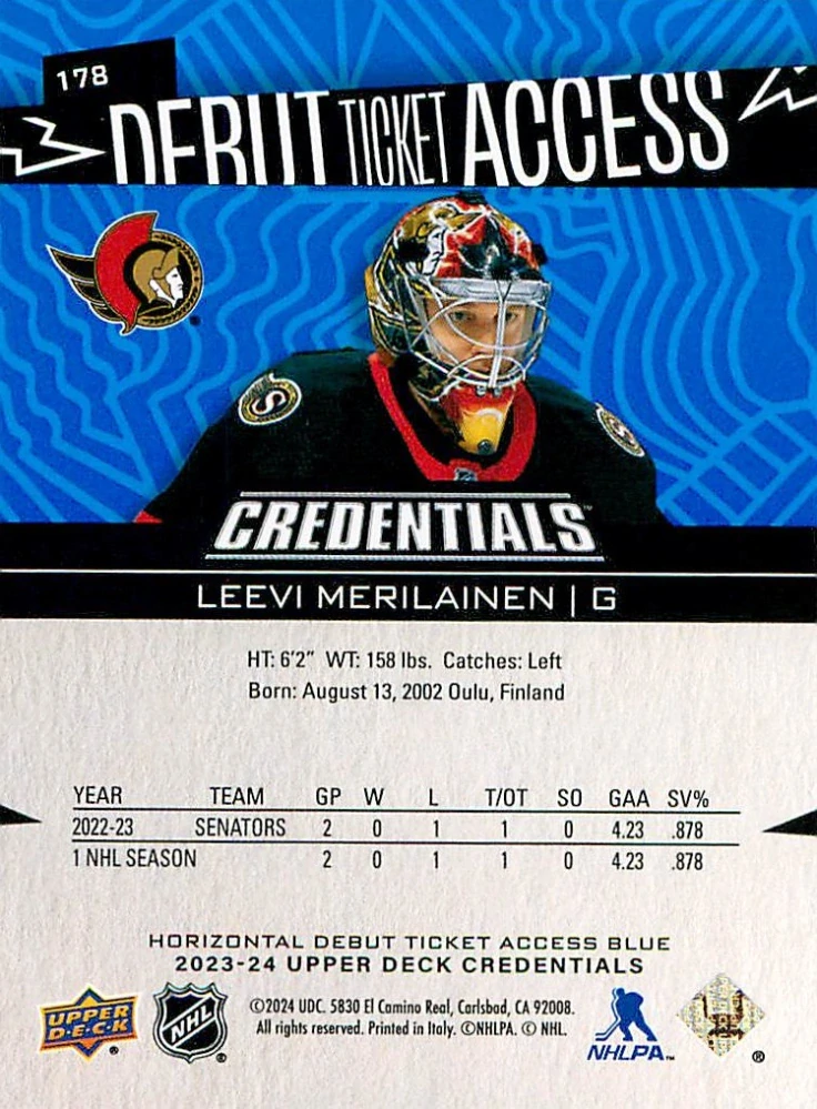 2023-24 UD Credentials - Leevi Merilainen - Debut Ticket Access Horizontal - Blue /49 #178