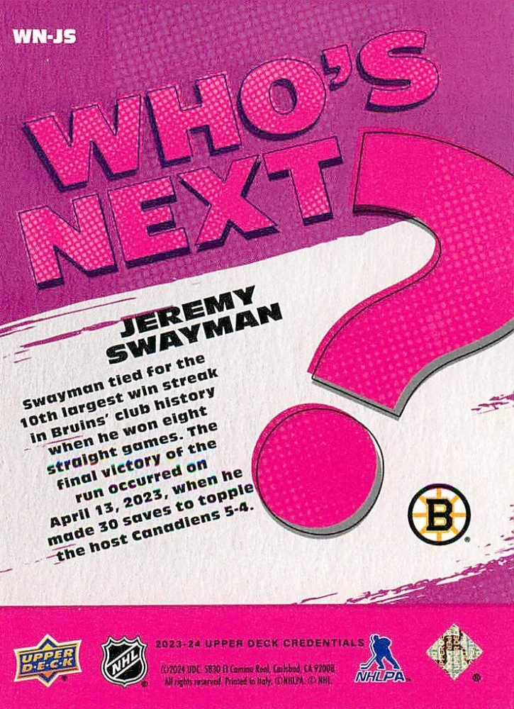 2023-24 UD Credentials - Jeremy Swayman - Who's Next? #WN-JS
