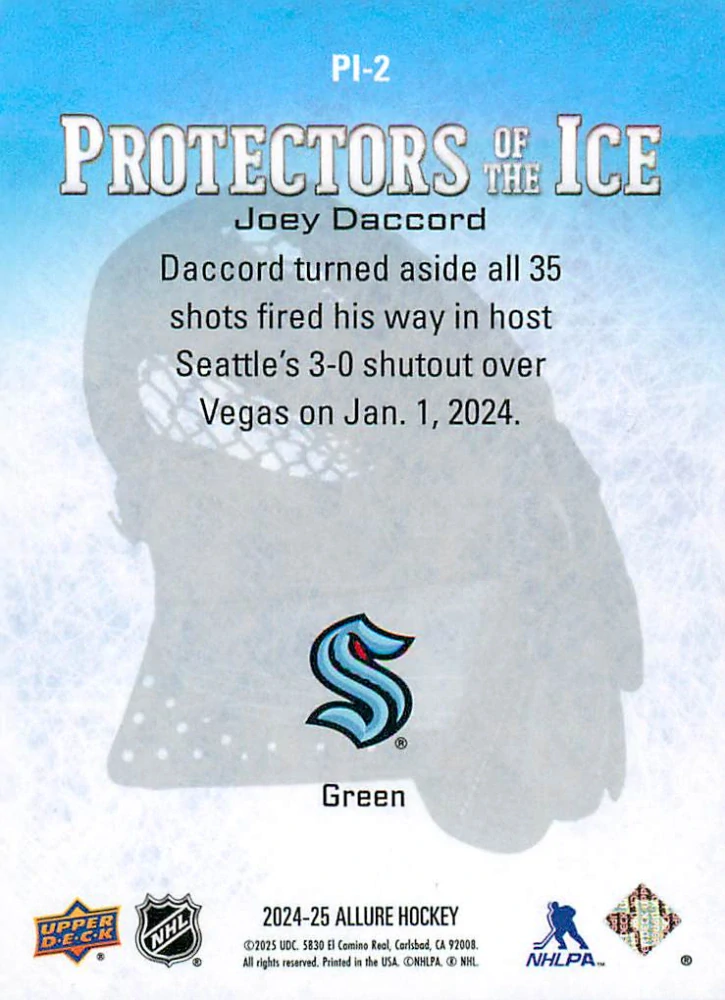 2024-25 UD Allure - Joey Daccord - Protectors Of The Ice - Green #PI-7