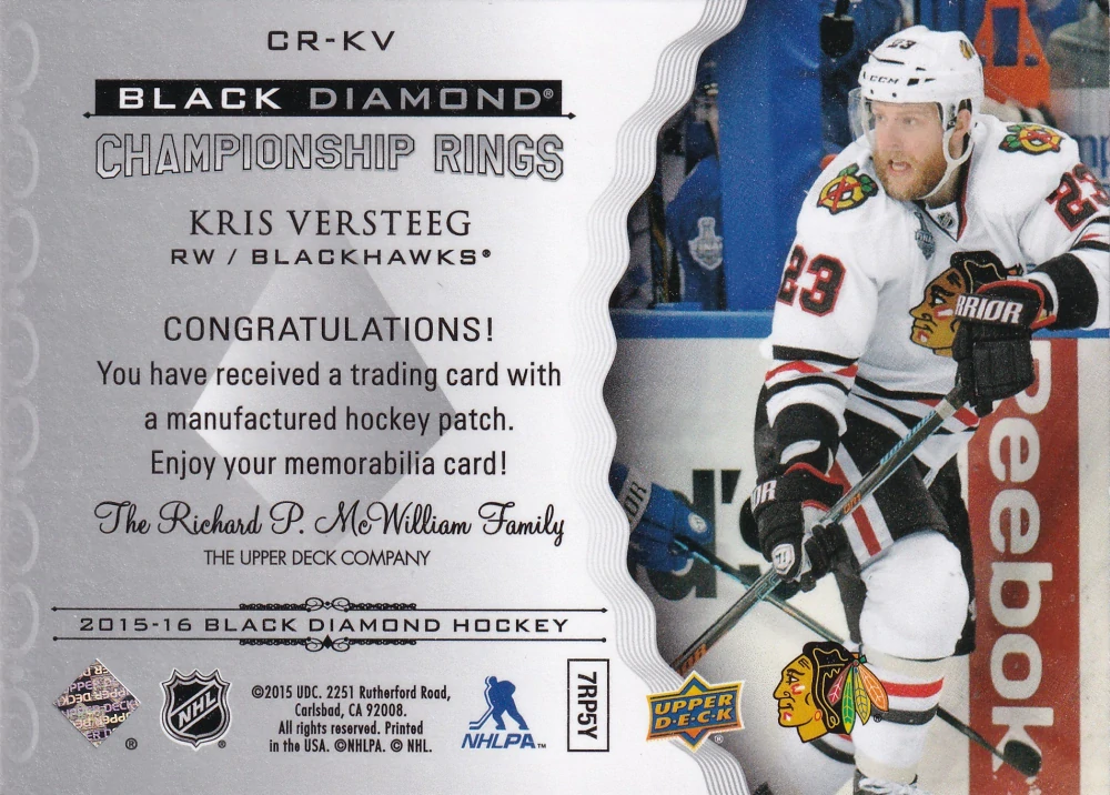 2015-16 UD Black Diamond - Kris Versteeg - Championship Rings #CR-KV