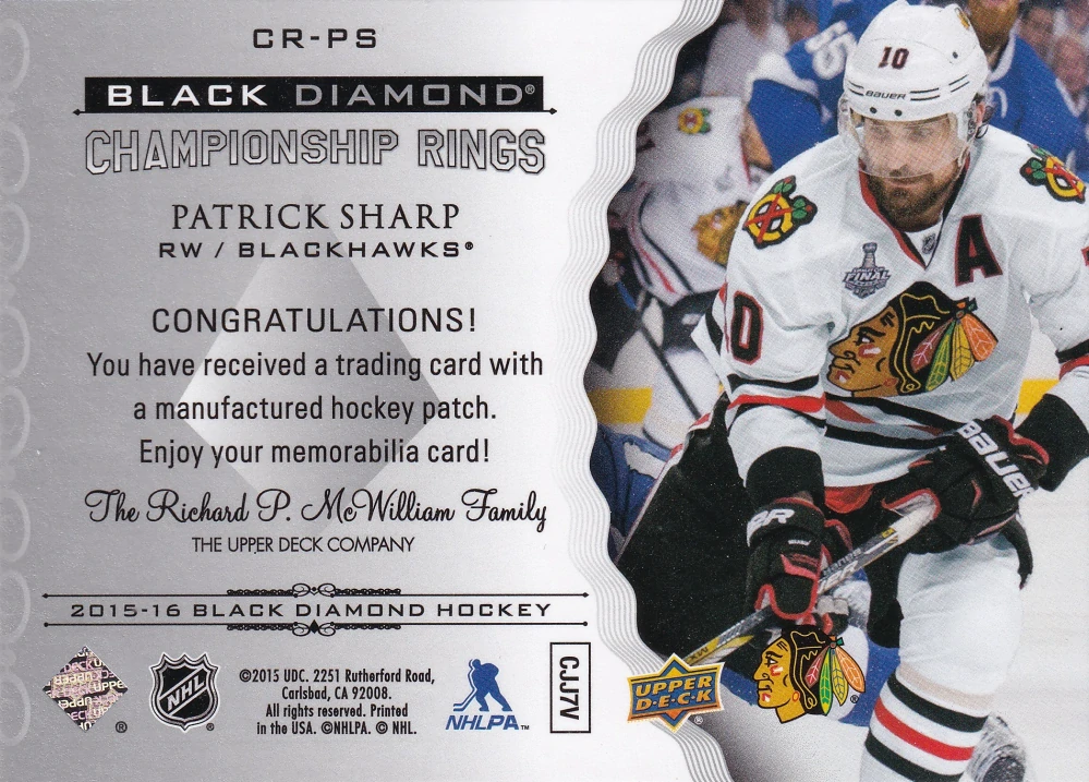 2015-16 UD Black Diamond - Patrick Sharp - Championship Rings #CR-PS