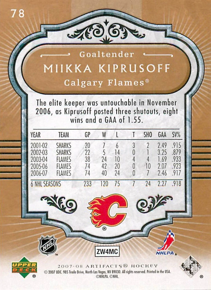 2007-08 UD Artifacts - Miikka Kiprusoff #78